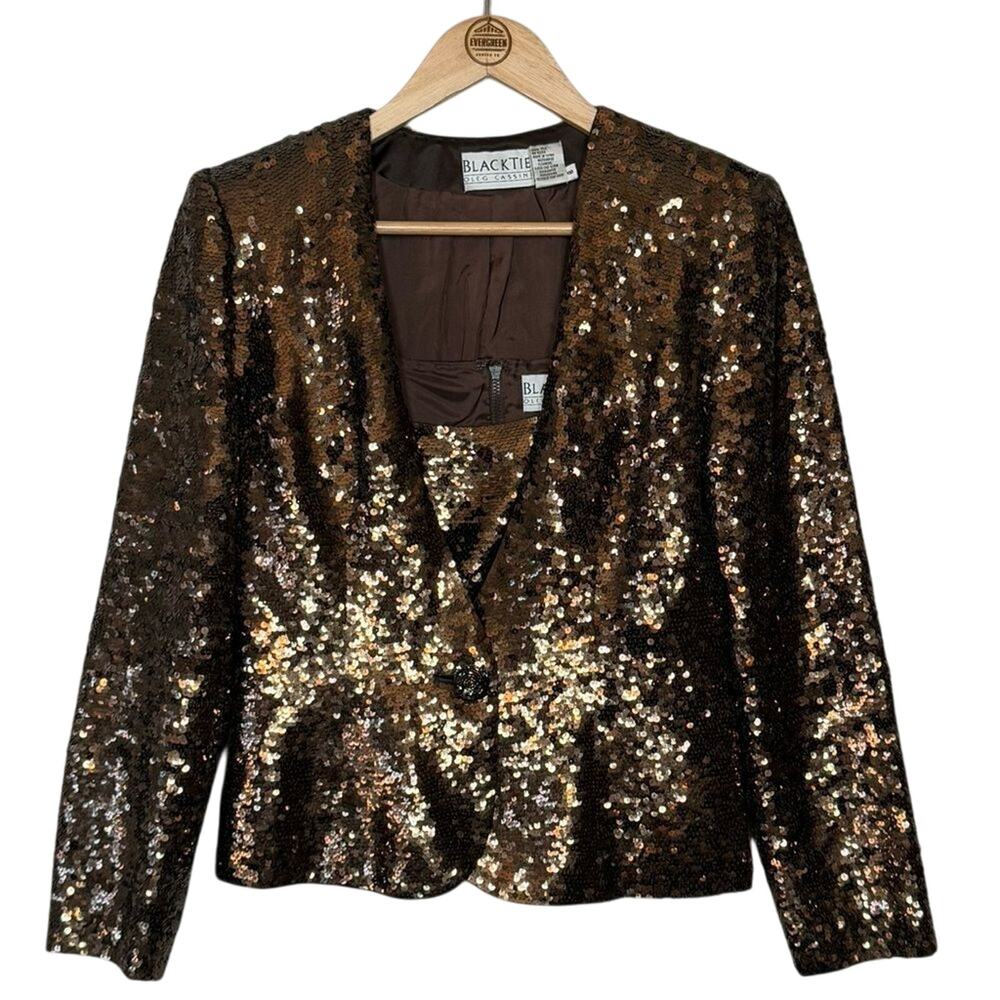 VTG 80s Sequin Silk Blazer Tank Set Black Tie Oleg Cassini Brown Women's Sz 8